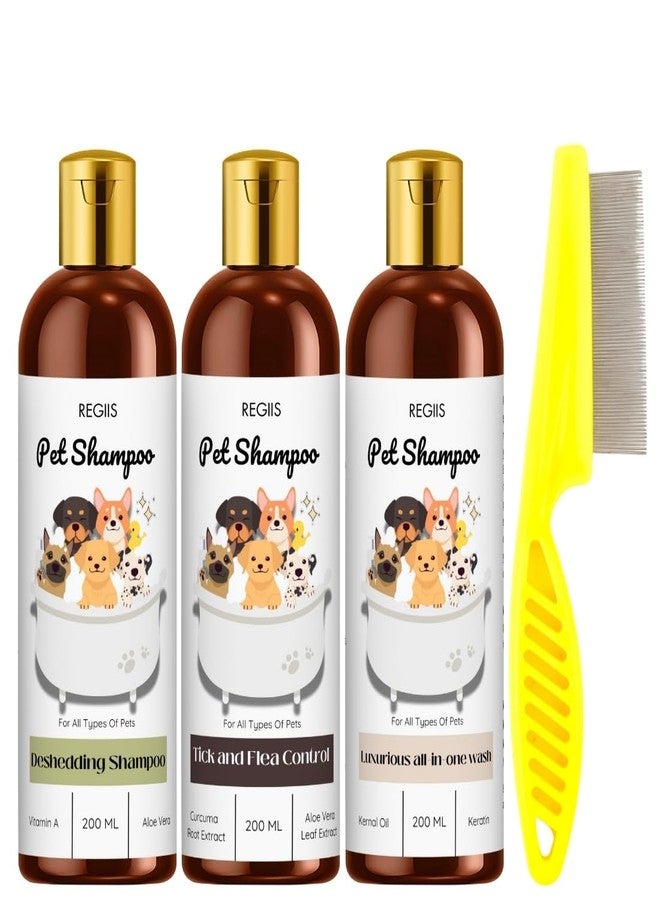 REGIIS Pet Shampoo Set, 3 Pack Dog Shampoo with Flea Comb, Deshedding, Tick and Flea Control, All-in-One Wash, 200ml Each(3 Pack) - Image 1